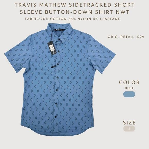 TravisMathew Sidetracked Button Down Shirt NWT Blue Print S - Picture 3 of 9